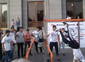 Stretches at Liberty Square