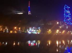 Tbilisi TV tower in colors of Armenian flag