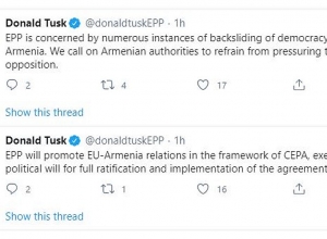 Призываем власти Армении воздержаться от давления на оппозицию: Дональд Туск