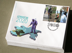 На почтовой марке человек в медицинской форме дезинфицирует Арцах от армян: Омбудсмен