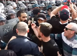 Ты держишь эту дубинку, чтобы ударить? Потасовка между полицейскими и демонстрантами