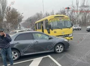 Երևանում բախվել են թիվ 46 երթուղին սպասարկող ավտոբուսն ու «Toyota»-ն. ուղևոր տեղափոխող ավտոբուսի վարորդը եղել է ոչ սթափ