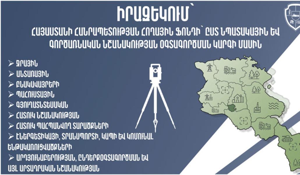 ԻՐԱԶԵԿՈՒՄ՝ ՀԱՅԱՍՏԱՆԻ ՀԱՆՐԱՊԵՏՈՒԹՅԱՆ ՀՈՂԱՅԻՆ ՖՈՆԴԻ` ԸՍՏ ՆՊԱՏԱԿԱՅԻՆ ԵՎ ԳՈՐԾԱՌՆԱԿԱՆ ՆՇԱՆԱԿՈՒԹՅԱՆ ՕԳՏԱԳՈՐԾՄԱՆ ԿԱՐԳԻ ՄԱՍԻՆ