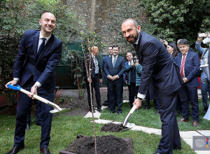 Փարիզում ՀՀ դեսպանության նոր շենքի բակում Արարատ Միրզոյանը և Ժան-Նոել Բարոն ծիրանենի են տնկել